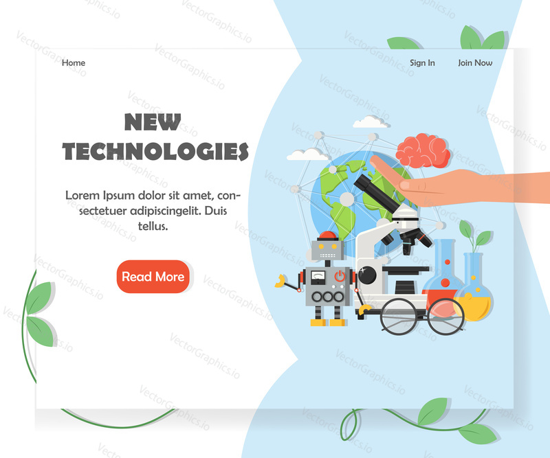 New technologies website homepage template. Vector flat style design element with copy space and read more button.