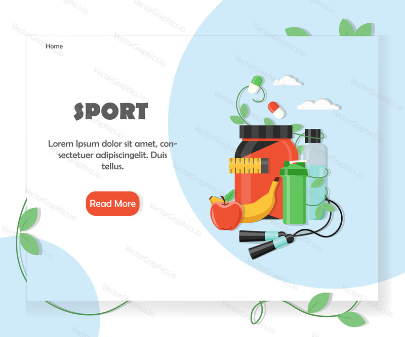 Sports website homepage template. Vector flat style design element with copy space and read more button.
