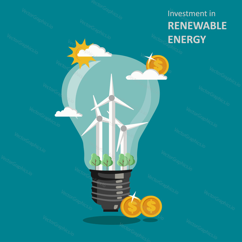 Investment in renewable clean energy concept vector flat illustration. Windmills wind turbines, green trees inside of light bulb and dollar coins.