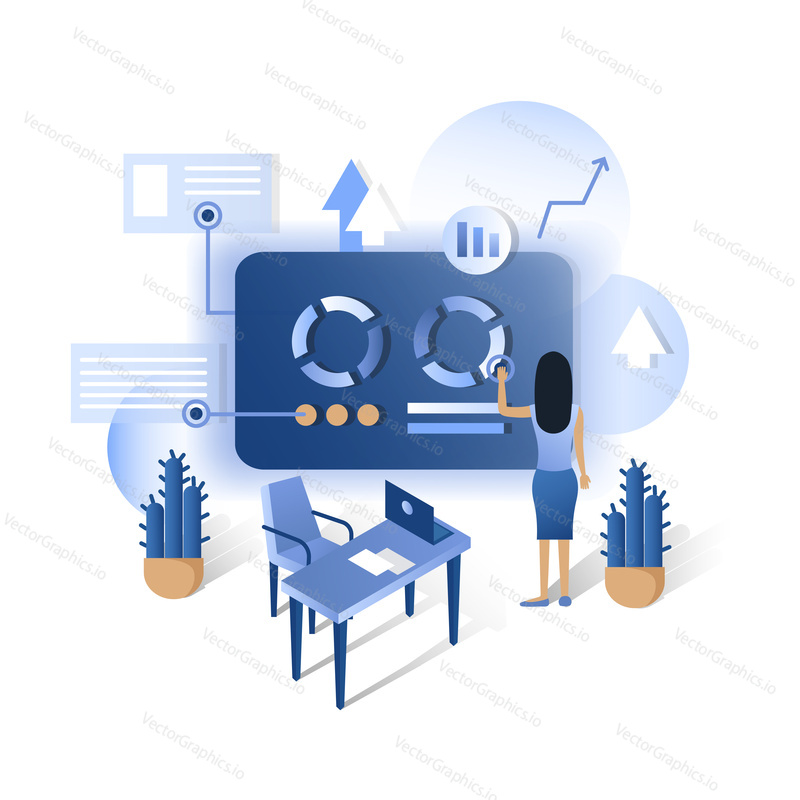 Future technology IP dashboard vector isometric illustration. Futuristic touch user interface blue screen hud dashboard display. Smart home touchscreen control panel.