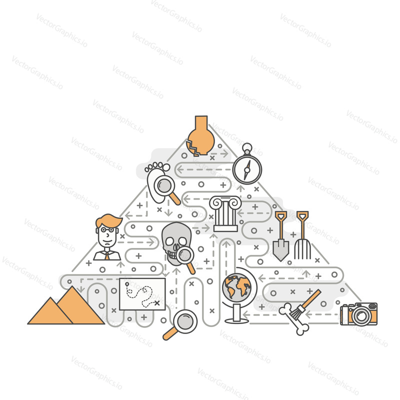 Ancient Egypt pyramid shape poster banner template. Archaeology vector thin line art flat style design elements, icons for web banners and printed materials.