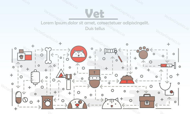 Vet services advertising poster banner template. Veterinary care symbols vector thin line art flat style design elements, icons for web banners and printed materials.