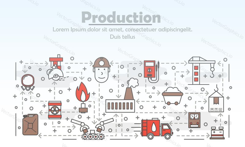Production advertising poster banner template. Heavy industry manufacturing, power plant, mining fossil fuels vector thin line art flat style design elements, icons for web banners, printed materials.