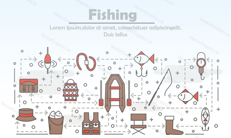 Fishing advertising vector poster banner template. Rubber boat, hat bag boot hook tackle bobber rod bait etc. Fisherman clothing and fishing gear thin line art flat icons for web, printed materials.