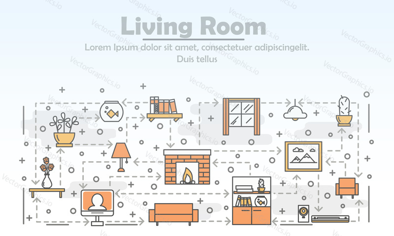 Living room advertising poster banner template. Sitting room interior with furniture vector thin line art flat style design elements, icons for web banners and printed materials.