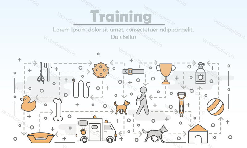Dog training club or school advertising vector poster banner template. Dog and puppy accessories leash, collar, toys, food bowl, doghouse, grooming tools and supplies. Thin line art flat icons for web