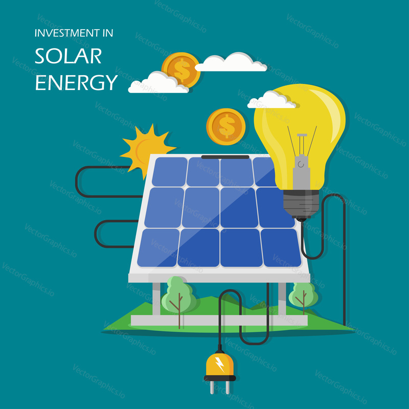 Investment in solar energy concept vector illustration. Solar panel with dollar coin and light bulb connected to it. Flat style design element for website template, poster, banner etc.