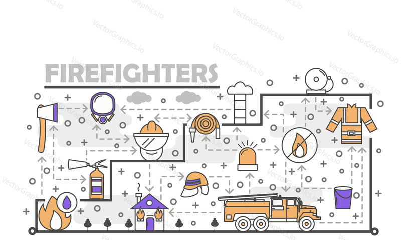 Firefighters poster banner template. Fire engine, firefighting tools and equipment vector thin line art flat style design elements, icons for web banners and printed materials.