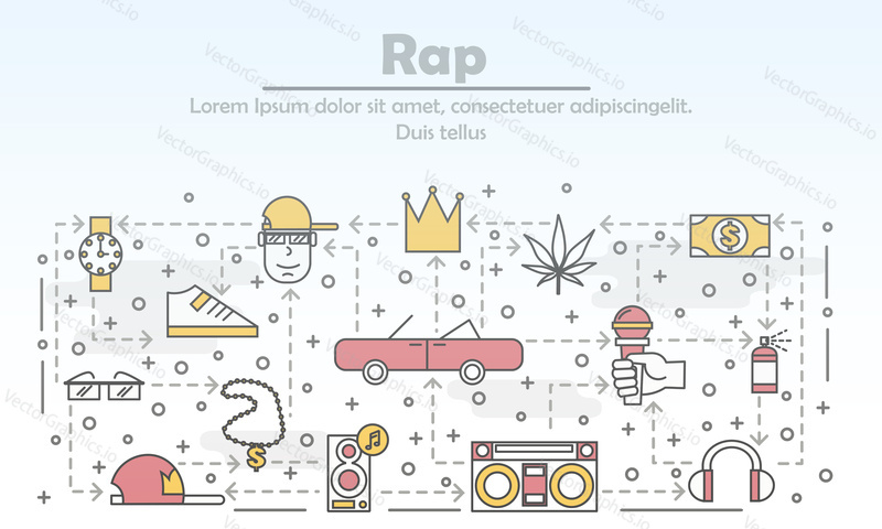 Rap music advertising vector poster banner template. Hip hop music singer with accessories chain glasses watch cap retro car loudspeakers mic etc. Thin line art flat icons for web, printed materials.