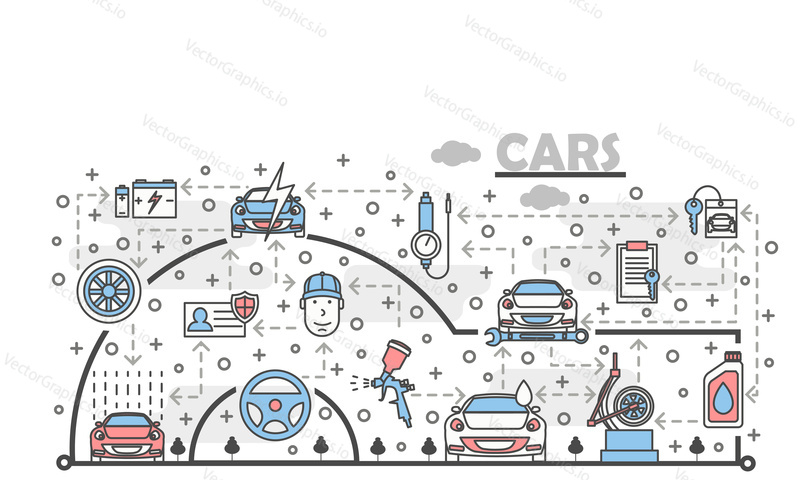 Car service poster banner template. Vector thin line art flat style design elements, icons for web banners and printed materials.