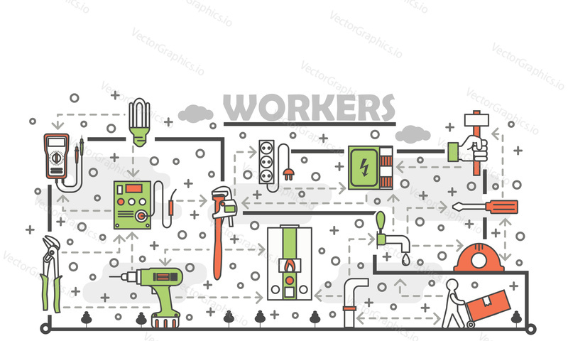 Workers poster banner template. Electrician, plumber, builder workers tools and equipment. Vector thin line art flat style design elements, icons for web banners and printed materials.