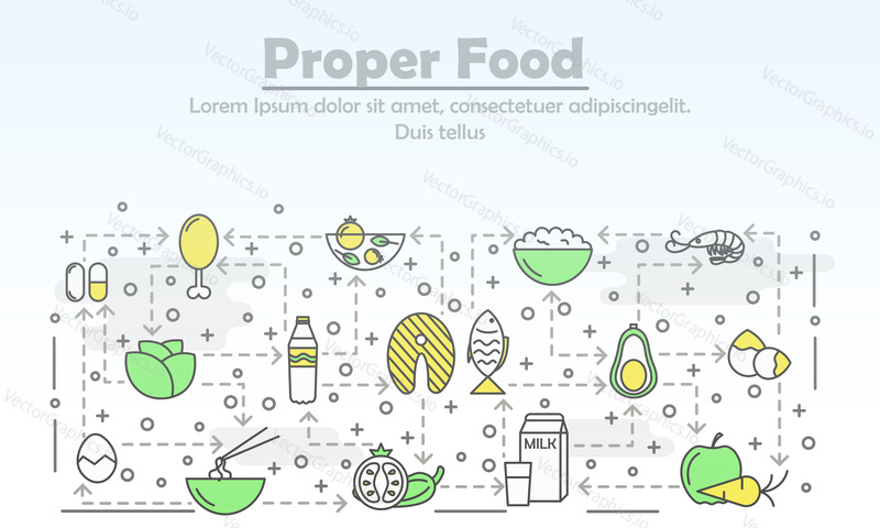 Proper food advertising vector poster banner template. Organic healthy cooking. Fast-casual food service. Fresh natural products fish chicken meat seafood fruits etc. thin line art flat icons for web.