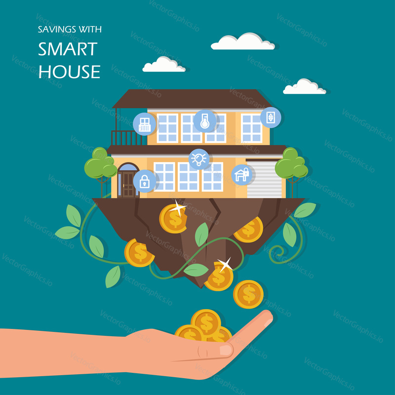 Savings with smart house concept vector flat illustration. House with automated home security, lighting and other systems controlled remotely, dollar coins falling out of building into human hand.