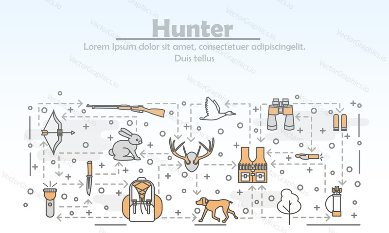 Hunter advertising vector poster banner template. Hunting duck, deer, hare equipment and accessories. Thin line art flat style design icons for web banners, printed materials.