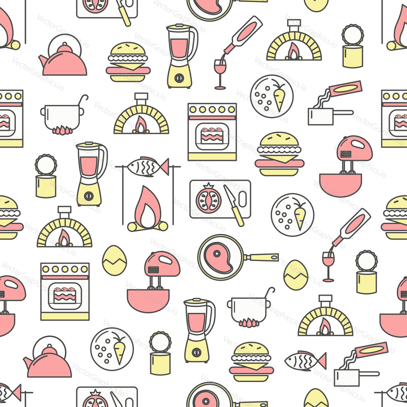 Vector seamless pattern with kitchen appliances, cooking utensils, foodstuff, wine. Thin line art flat style design cooking background, wallpaper.