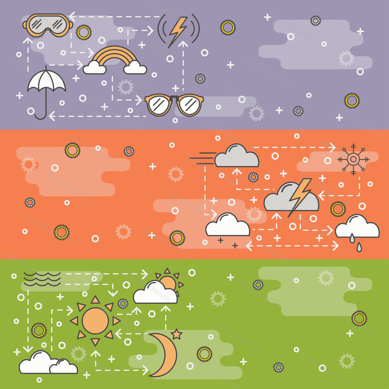 Weather vector web banner template set. Weather forecast thin line art flat style design elements, icons, copy space.