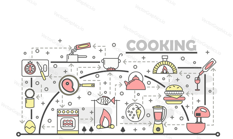 Cooking vector poster banner template. Kitchen appliances, cooking utensils, food, wine thin line art flat style design icons for web banners, printed materials.
