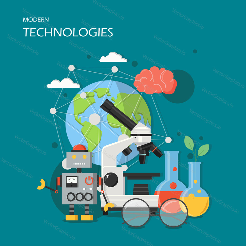 Векторная иллюстрация концепции современных технологий. Новая робототехника, микроскопы и лабораторная посуда, человеческий мозг и т.д. Элемент дизайна в плоском стиле для шаблона веб-сайта, плаката, баннера и т.д.
