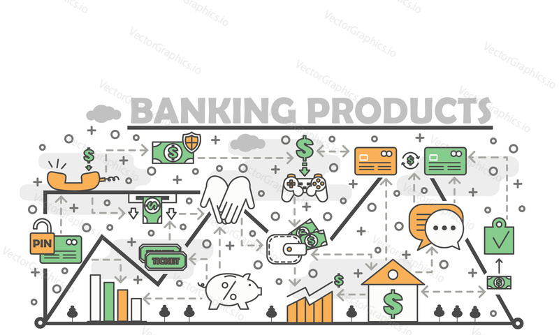 Шаблон баннера с плакатом банковских продуктов. Векторные элементы дизайна в плоском стиле с тонкими линиями, иконки для веб-баннеров и печатных материалов.
