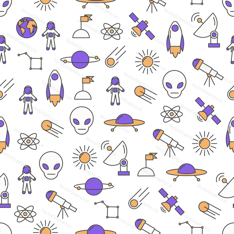 Vector seamless pattern with space items rocket, planets, spaceship, telescope, astronaut, alien, constellation etc. Thin line art flat style design cosmos background, wallpaper.