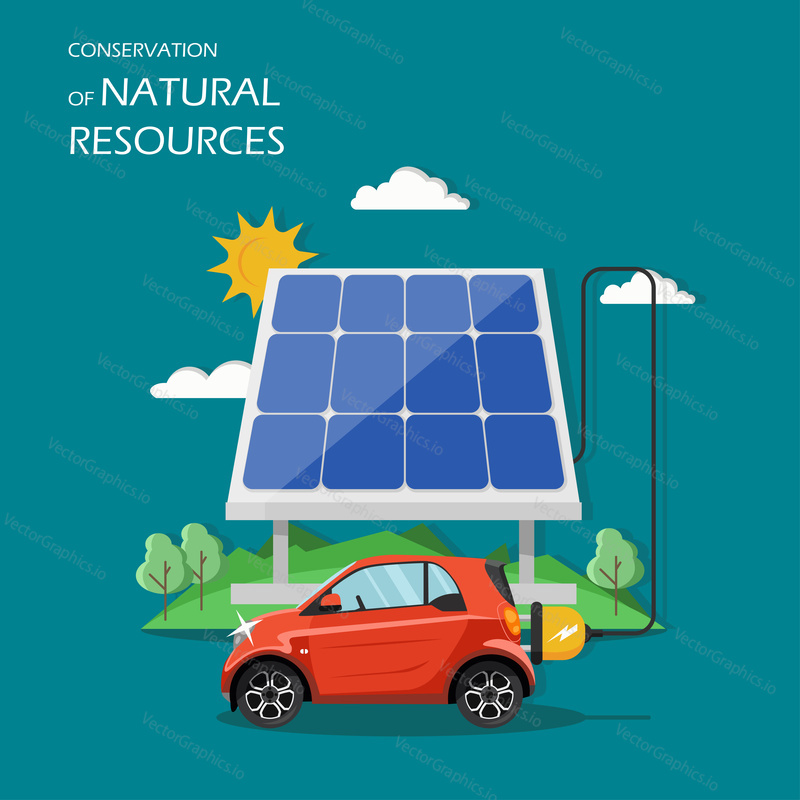 Conservation of natural resources concept vector illustration. Eco mobile or electric car charging with energy produced by solar panels. Flat style design element for web template, poster, banner etc.