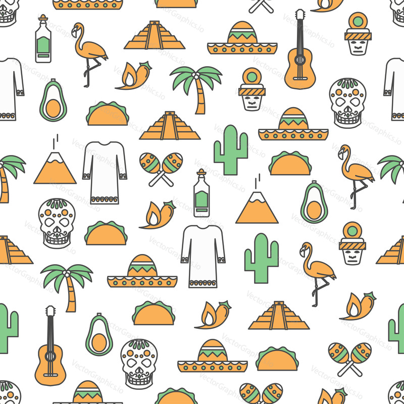 Vector seamless pattern with mexican culture and cuisine symbols sombrero maracas guitar cactus mayan pyramid taco sugar skull tequila etc. Thin line art flat style design Mexico background wallpaper.