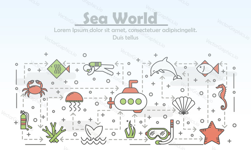 Sea world advertising vector poster banner template. Jellyfish fish dolphin, whale tail, seahorse crab corals seashell submarine diver etc. Thin line art flat icons for web and printed materials.
