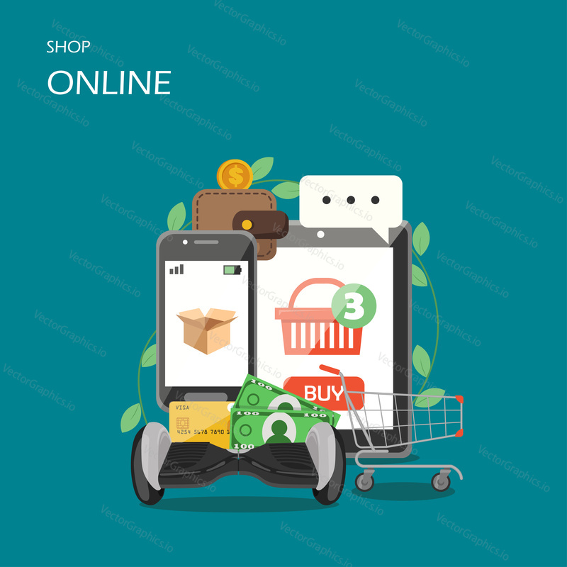 Online shop vector flat style design illustration. Mobile phone, tablet, shopping cart, gyroscooter, credit card, purse and cash money. Online store, e-commerce concept for web banner, website page.