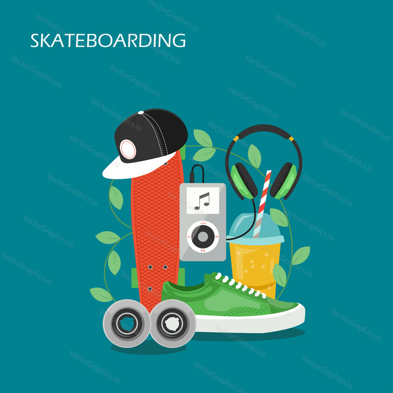 Skateboarding vector flat style design illustration. Skateboard and wheels to it, cap, sneaker shoe, audio player, headphones. Skate board and skateboarder outfit for web banner, website page etc.