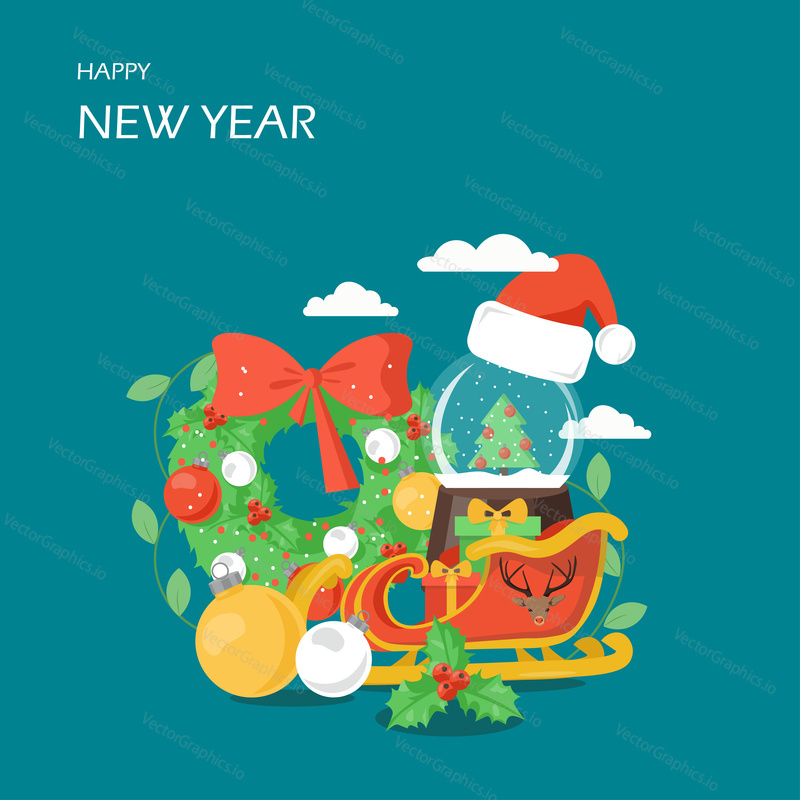 Happy New Year vector flat style design illustration. Santa sleigh and hat, gift box, christmas wreath, balls and holly berry. Winter holiday composition for greeting card, web banner, website page.