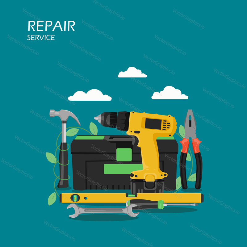 Repair service vector flat style design illustration. Toolbox, drill, hammer, screwdriver, level, pliers. Hand tools for home renovation. Repair and construction tools for web banner, website page etc