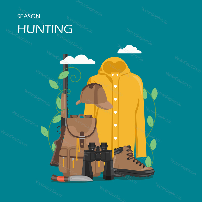 Hunting season vector flat style design illustration. Hunting rifle, knife, hat, binoculars, backpack, waterproof rain jacket and boot. Hunter equipment and clothing for web banner, website page etc.
