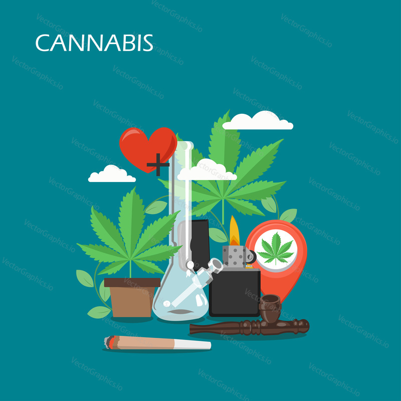 Cannabis vector flat style design illustration. Cigarette, pipe, lighter, leaves, bong, plant in pot, heart with cross. Marijuana composition for web banner, website page etc.