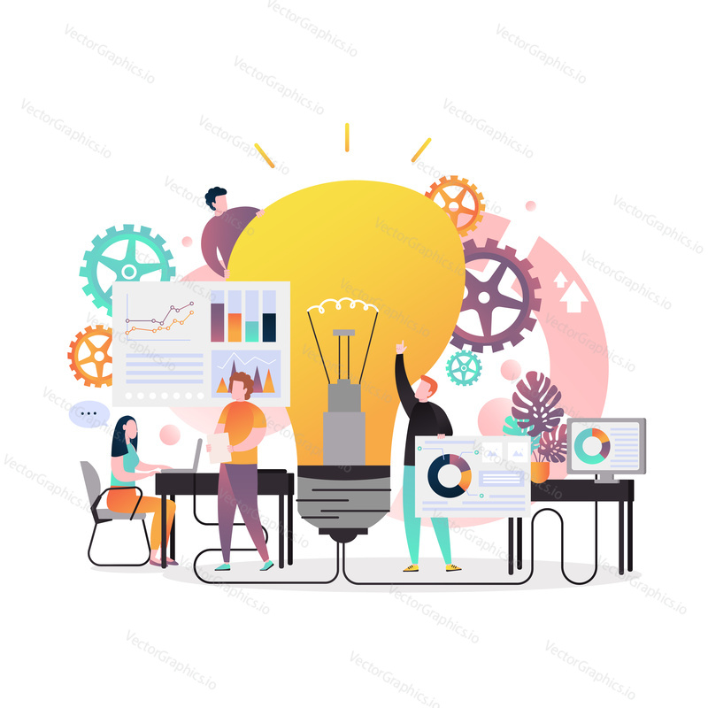 Vector illustration of big light bulb and office people discussing, proposing new business ideas. Innovation, creating new ideas, brainstorming concepts for web banner, website page etc.