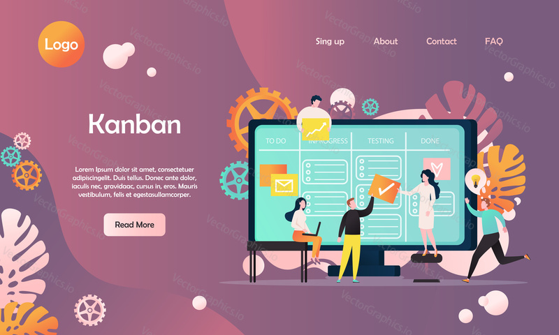 Kanban vector website template, web page and landing page design for website and mobile site development. Programming team developing software using agile kanban methodology electronic task board.