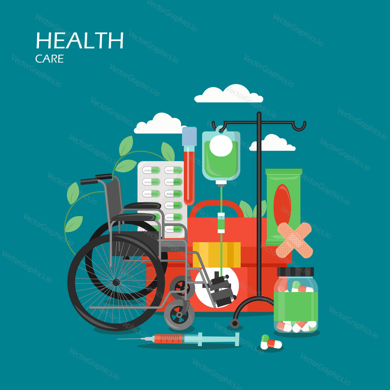 Health care vector flat style design illustration. First aid kit box, syringe with injection, pills, plaster, wheelchair, drip. Hospital care equipment and medication for web banner, website page etc.