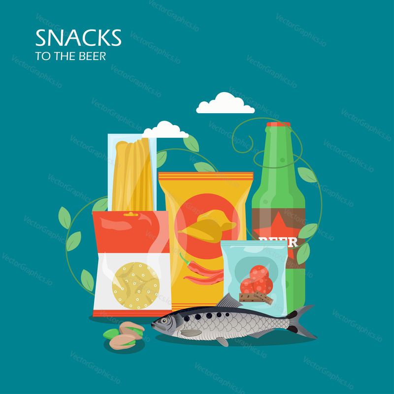 Snacks to the beer vector flat style design illustration. Beer bottle, chips, pistachio, croutons, crackers, salted dried fish, cheese. Beer snacks composition for web banner, website page etc.