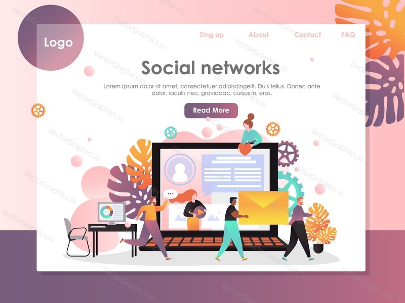 Social networks vector website template, web page and landing page design for website and mobile site development. Social media services, communication, chat, video, news, messages concepts.
