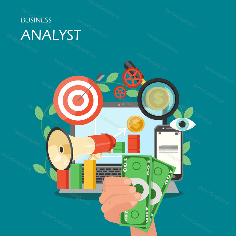 Business analyst vector flat illustration. Laptop, megaphone, target, eye, mobile, magnifier, bar graph and hand with money. Business analysis, audit services concepts for web banner, website page.
