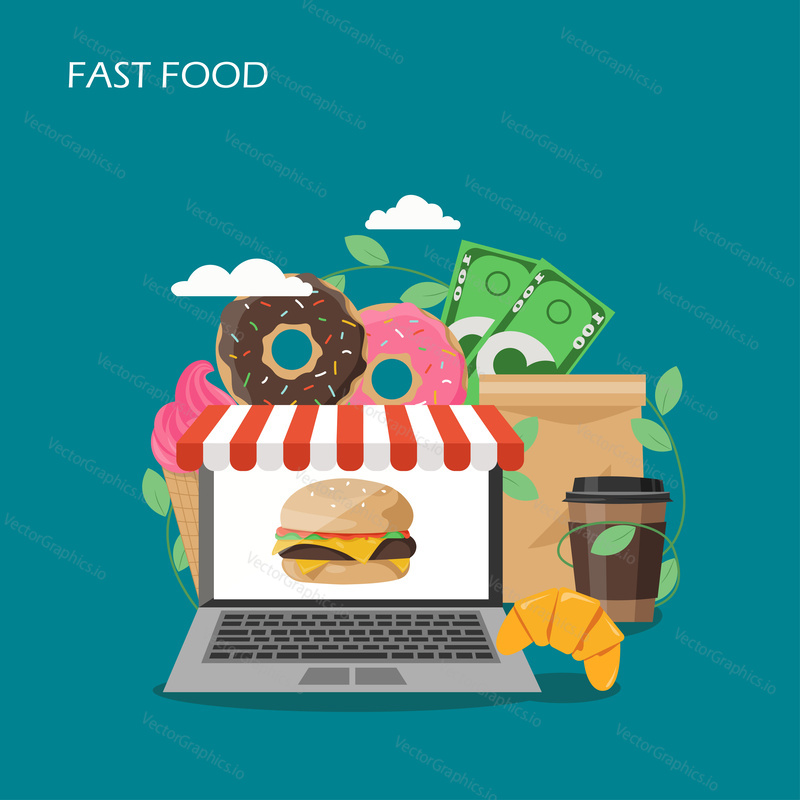 Fast food vector flat style design illustration. Laptop with awning, cheeseburger, ice cream cone, donuts, croissant, coffee cup, money. Fast food online concept for web banner, website page etc.