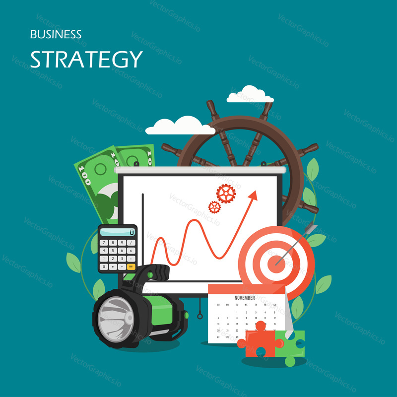 Business strategy vector flat style design illustration. Whiteboard with growing graph, target, steering wheel, flashlight, calendar. Business growth strategy concept for web banner, website page etc.