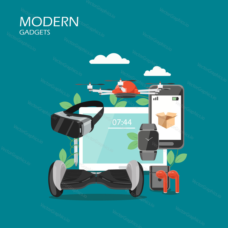 Modern gadgets vector flat style design illustration. Tablet, vr headset, drone, earphones, smart watch, mobile phone and gyroscooter. Modern device set for web banner, website page etc.