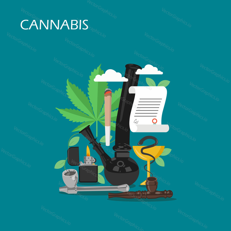 Векторная иллюстрация дизайна в плоском стиле каннабиса. Сигарета, трубка, зажигалка, лист растения, бонг, рецепт. Концепция рецепта медицинской марихуаны для веб-баннера, страницы веб-сайта и т.д.