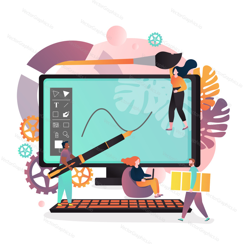 Vector illustration of graphic designer team, computer, drawing tools and accessories. Design studio or agency services concept for web banner, website page etc.