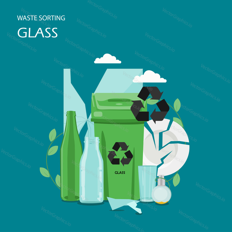 Waste glass sorting vector flat illustration. Green garbage container with recycle symbol, empty glass bottles, perfume bottle, broken plate. Ecology and recycle concept for web banner, website page.