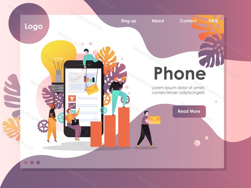 Mobile phone vector website template, web page and landing page design for website and mobile site development. People using mobile website or mobile app for business.