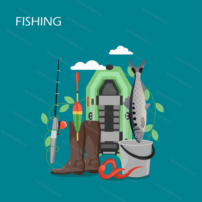 Fishing vector flat style design illustration. Rubber boat, fisher boots, rod, bobber, fish, bucket and bait worm. Fishing gear and supplies composition for web banner, website page etc.