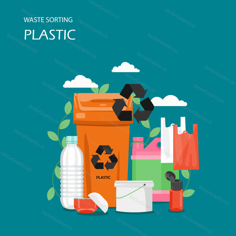 Waste plastic sorting vector flat style design illustration. Orange garbage container with recycle symbol, empty plastic bottles, containers. Ecology and recycle concept for web banner, website page.