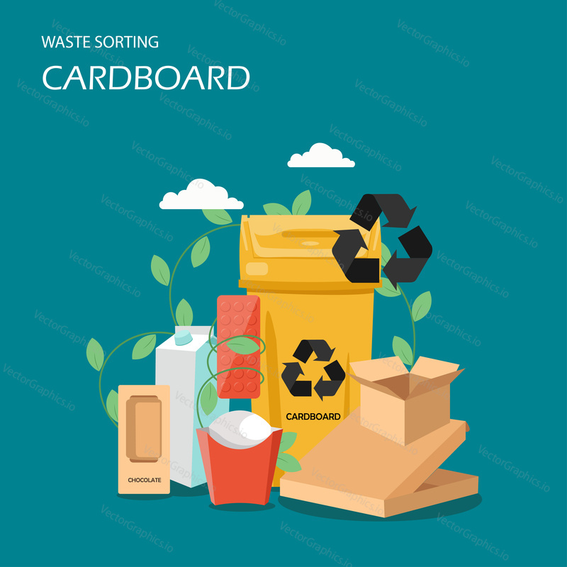 Waste cardboard sorting vector flat illustration. Yellow garbage container with recycle symbol and paper trash milk carton, cardboard boxes, paper bag. Ecology and recycling concept for web banner etc