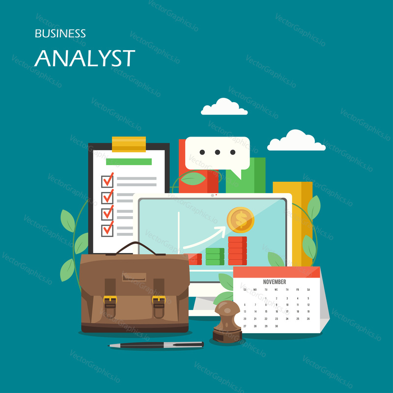 Business analyst vector flat illustration. Computer with chart on monitor, briefcase, calendar, stamp, pen, clipboard with checklist. Business analysis services concept for web banner, website page.